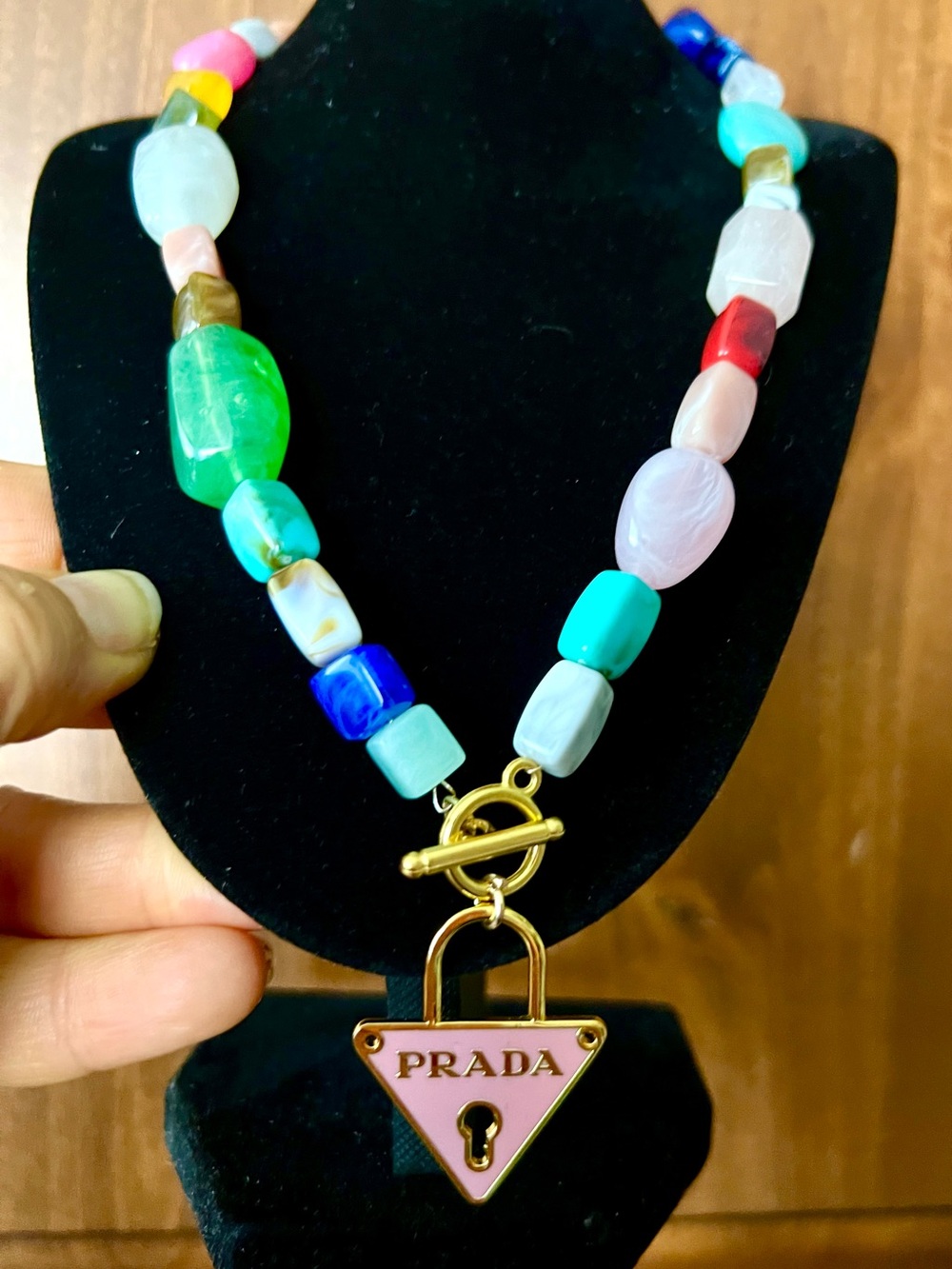 Fashion Unbranded Multicolor Beaded Necklace with Pink Triangle Lock Pendant